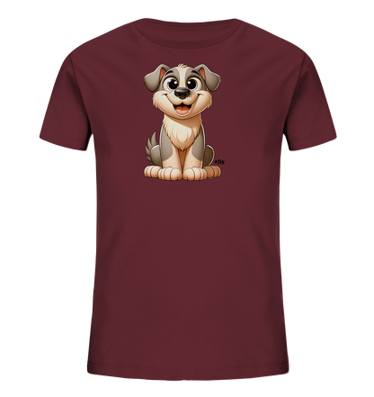 Onlineshop Shirts fuer Kinder - Das Bild zeigt ein dunkelrotes T-Shirt fuer Kinder. Auf der Vorderseite ist eine charmante, cartoonhafte Illustration eines Hundes zu sehen. Der Hund sitzt aufrecht, hat graues und beiges Fell, grosse Kulleraugen und ein freundliches Laecheln. Das Design wirkt insgesamt sehr froehlich und ansprechend.