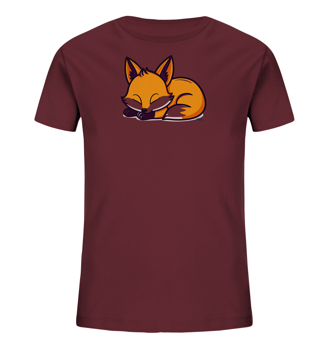Onlineshop Shirts fuer Kinder - Das Bild zeigt ein burgunderrotes Kinder-T-Shirt mit einem niedlichen Motiv. Auf der Vorderseite ist ein schlafender Fuchs abgebildet, der sich gemuetlich zusammengerollt hat. Der Fuchs ist in warmen Orange- und Brauntoenen gehalten, was einen friedlichen Eindruck vermittelt. Das Design wirkt ruhig und ansprechend.