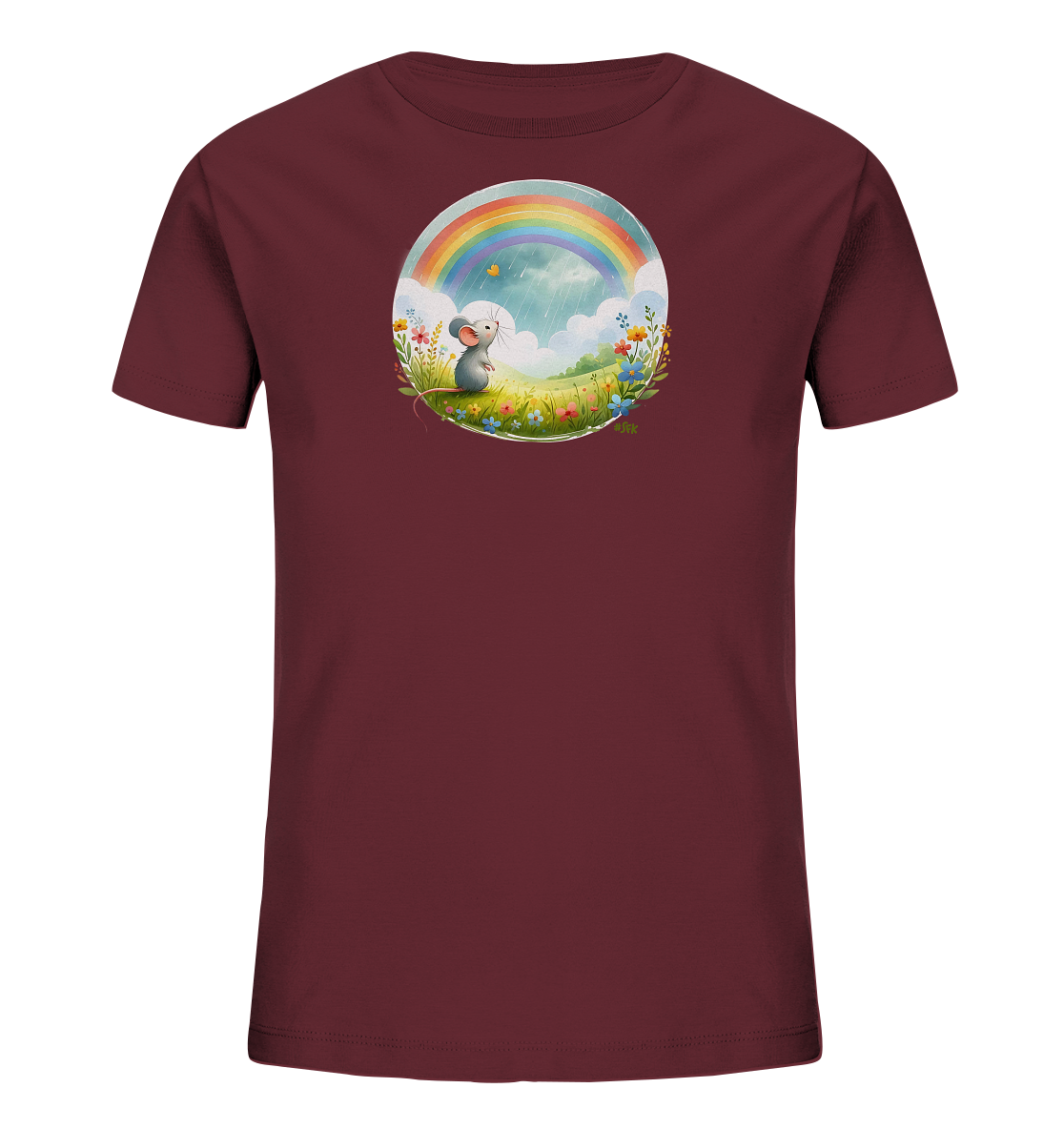 Onlineshop Shirts fuer Kinder - Das Bild zeigt ein weinrotes T-Shirt mit einem runden Aufdruck. Der Aufdruck zeigt eine kleine Maus in einem Blumenfeld, die einen Regenbogen und leichten Regen beobachtet. Ein Schmetterling fliegt ueber der Maus. Das Design stellt eine friedliche Naturszene dar.