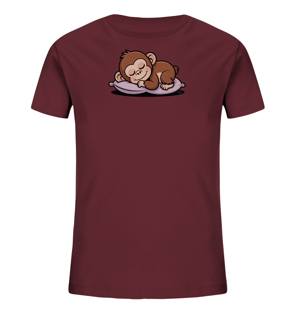 Onlineshop Shirts fuer Kinder - Das Bild zeigt ein dunkelrotes Kinder-T-Shirt, auf dem ein niedliches Äffchen schlafend auf einem hellvioletten Kissen abgebildet ist. Das cartoonhafte Äffchen hat geschlossene Augen und liegt friedlich da. Die Illustration ist detailliert und vermittelt einen ruhigen, liebevollen Ausdruck. Das Design ist schlicht und auf die Mitte des Shirts fokussiert.