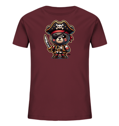 Onlineshop Shirts fuer Kinder - Das Bild zeigt ein dunkelrotes T-Shirt mit einem niedlichen Aufdruck auf der Vorderseite. Der Aufdruck stellt einen kleinen, cartoonhaften Baeren dar, der als Pirat verkleidet ist. Er traegt eine Piratenmuetze mit Totenkopf, eine Augenklappe und haelt ein kleines Schwert. Das Motiv ist detailreich und in einem verspielten Stil gehalten.