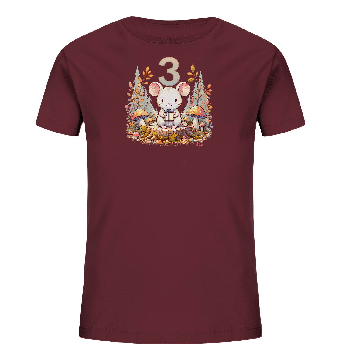 Onlineshop Shirts fuer Kinder - Das Bild zeigt ein dunkelrotes Kinder-T-Shirt mit einer niedlichen Grafik auf der Vorderseite. Die Illustration zeigt eine kleine, weisse Maus, die auf einem Baumstamm sitzt und ein Geschenk haelt. Um die Maus herum sind Pilze und Herbstblaetter abgebildet. Über der Maus steht die grosse Zahl "3" in einem hellen Ton.