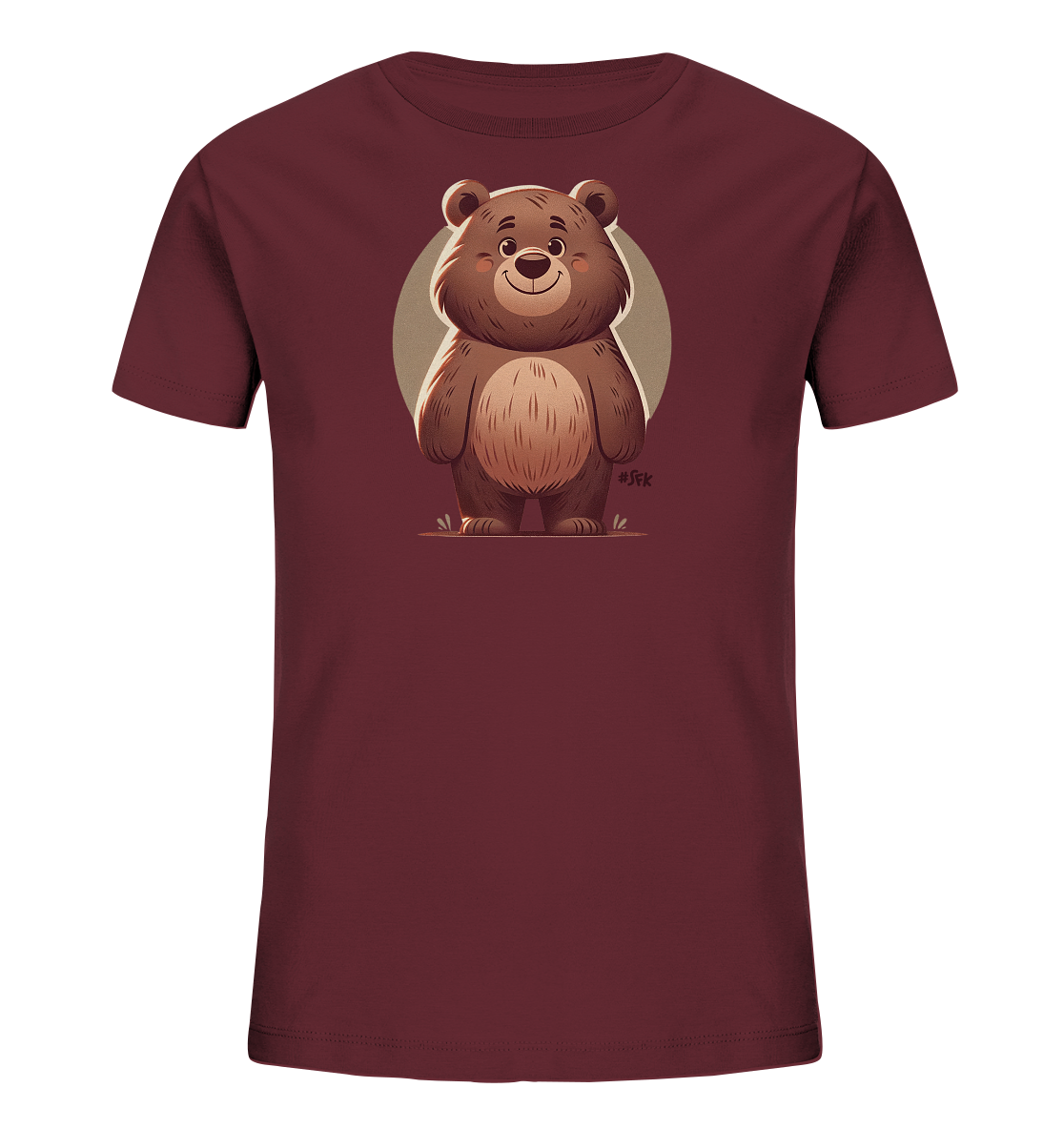 Onlineshop Shirts fuer Kinder - Das Bild zeigt ein dunkelrotes T-Shirt fuer Kinder. Auf der Vorderseite ist eine grosse, freundliche Baerenillustration zu sehen. Der Cartoon-Baer laechelt und steht aufrecht vor einem hellen Kreis. Kleine Grasdetails runden das verspielte Design ab.