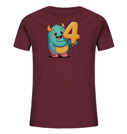 Onlineshop Shirts fuer Kinder - Das Bild zeigt ein dunkelrotes Kinder-T-Shirt mit einem bunten Cartoon-Monster-Motiv. Das froehliche Monster ist blau-tuerkis mit orangefarbenen Hoernern und haelt einen grossen, orangefarbenen Ballon in Form der Zahl vier. Das Design ist mittig auf der Vorderseite des Shirts platziert und wirkt lebendig. Es ist ein ansprechendes Motiv fuer Kinder.
