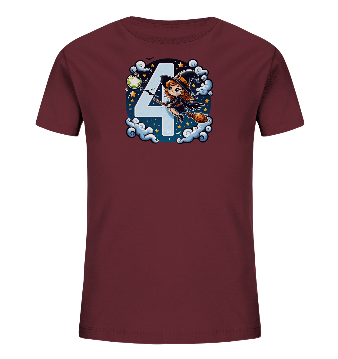 Onlineshop Shirts fuer Kinder - Das Bild zeigt ein bordeauxrotes T-Shirt fuer Kinder mit einem farbenfrohen Motiv auf der Vorderseite. Die Grafik stellt eine kleine Hexe dar, die auf einem Besen fliegt, eingebettet in eine naechtliche Szenerie mit Wolken, Sternen und einem Mond. Auffaellig ist die grosse Zahl '4' im Hintergrund der Szene. Weitere Details wie eine Flasche und fliegende Fledermaeuse ergaenzen das verspielte Design.