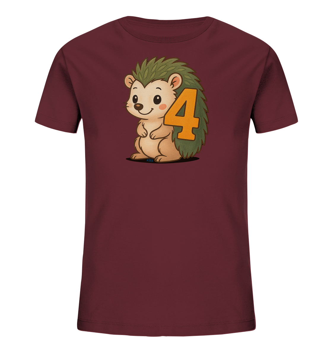 Onlineshop Shirts fuer Kinder - Das Bild zeigt ein weinrotes T-Shirt fuer Kinder mit einem suessen Cartoon-Igelmotiv auf der Vorderseite. Der Igel hat gruene Stacheln und ein freundliches Laecheln. Neben dem Igel ist eine grosse orangefarbene Zahl '4' prominent platziert. Das Design wirkt verspielt und farbenfroh, perfekt fuer Kinder.