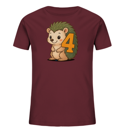 Onlineshop Shirts fuer Kinder - Das Bild zeigt ein weinrotes T-Shirt fuer Kinder mit einem suessen Cartoon-Igelmotiv auf der Vorderseite. Der Igel hat gruene Stacheln und ein freundliches Laecheln. Neben dem Igel ist eine grosse orangefarbene Zahl '4' prominent platziert. Das Design wirkt verspielt und farbenfroh, perfekt fuer Kinder.
