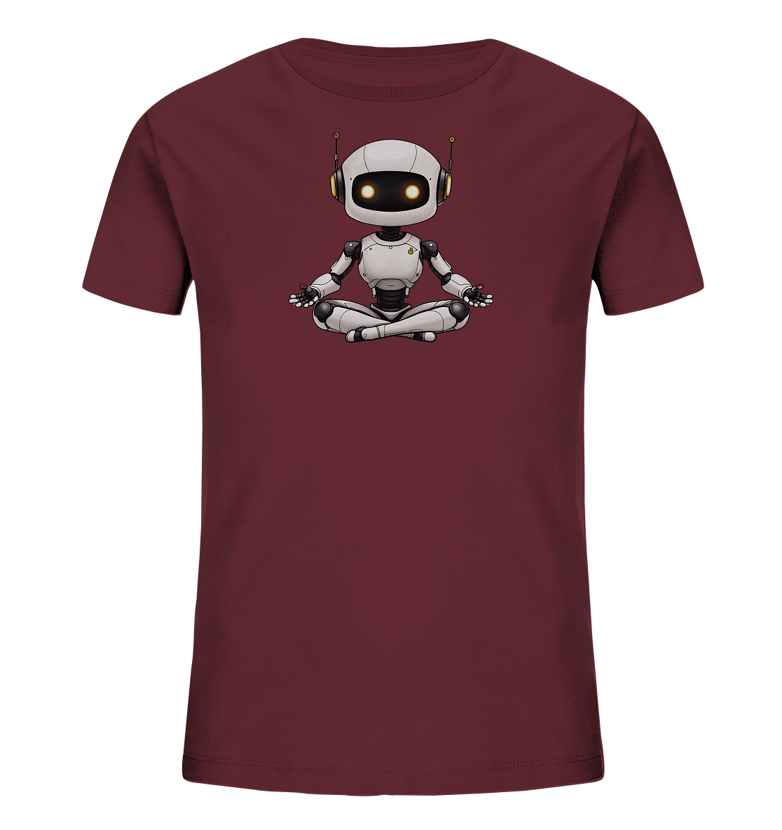 Onlineshop Shirts für Kinder - Das Bild zeigt ein kurzärmeliges T-Shirt in einem dunklen Bordeaux-Rot. Auf der Vorderseite ist mittig ein cartoonhafter Roboter abgebildet. Der Roboter sitzt in einer Meditationshaltung, die Beine gekreuzt und die Hände auf den Knien. Sein Design ist überwiegend in Hellgrau und Weiß gehalten, mit schwarzen Gelenken und leuchtend orangefarbenen Augen und Antennen. Das Motiv verleiht dem Shirt einen modernen und ruhigen Charakter, passend für Kinder.