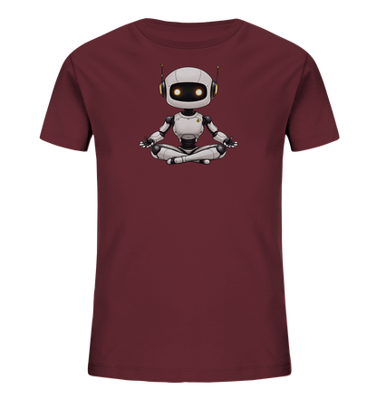 Onlineshop Shirts für Kinder - Das Bild zeigt ein kurzärmeliges T-Shirt in einem dunklen Bordeaux-Rot. Auf der Vorderseite ist mittig ein cartoonhafter Roboter abgebildet. Der Roboter sitzt in einer Meditationshaltung, die Beine gekreuzt und die Hände auf den Knien. Sein Design ist überwiegend in Hellgrau und Weiß gehalten, mit schwarzen Gelenken und leuchtend orangefarbenen Augen und Antennen. Das Motiv verleiht dem Shirt einen modernen und ruhigen Charakter, passend für Kinder.