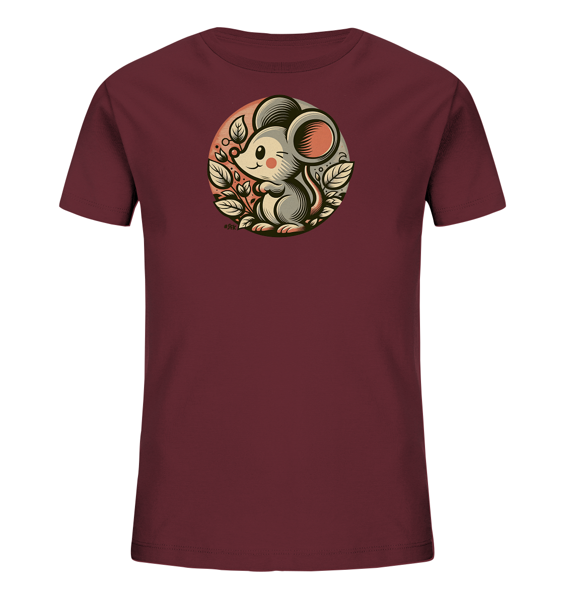 Onlineshop Shirts fuer Kinder - Das Bild zeigt ein dunkelrotes Kinder-T-Shirt mit einem runden Druck auf der Vorderseite. Der Druck zeigt eine niedliche Zeichentrickmaus, die inmitten von Blaettern sitzt. Die Maus hat grosse Ohren und ein freundliches, zwinkerndes Gesicht. Das Motiv ist in sanften Farben vor einem Farbverlaufshintergrund gestaltet.