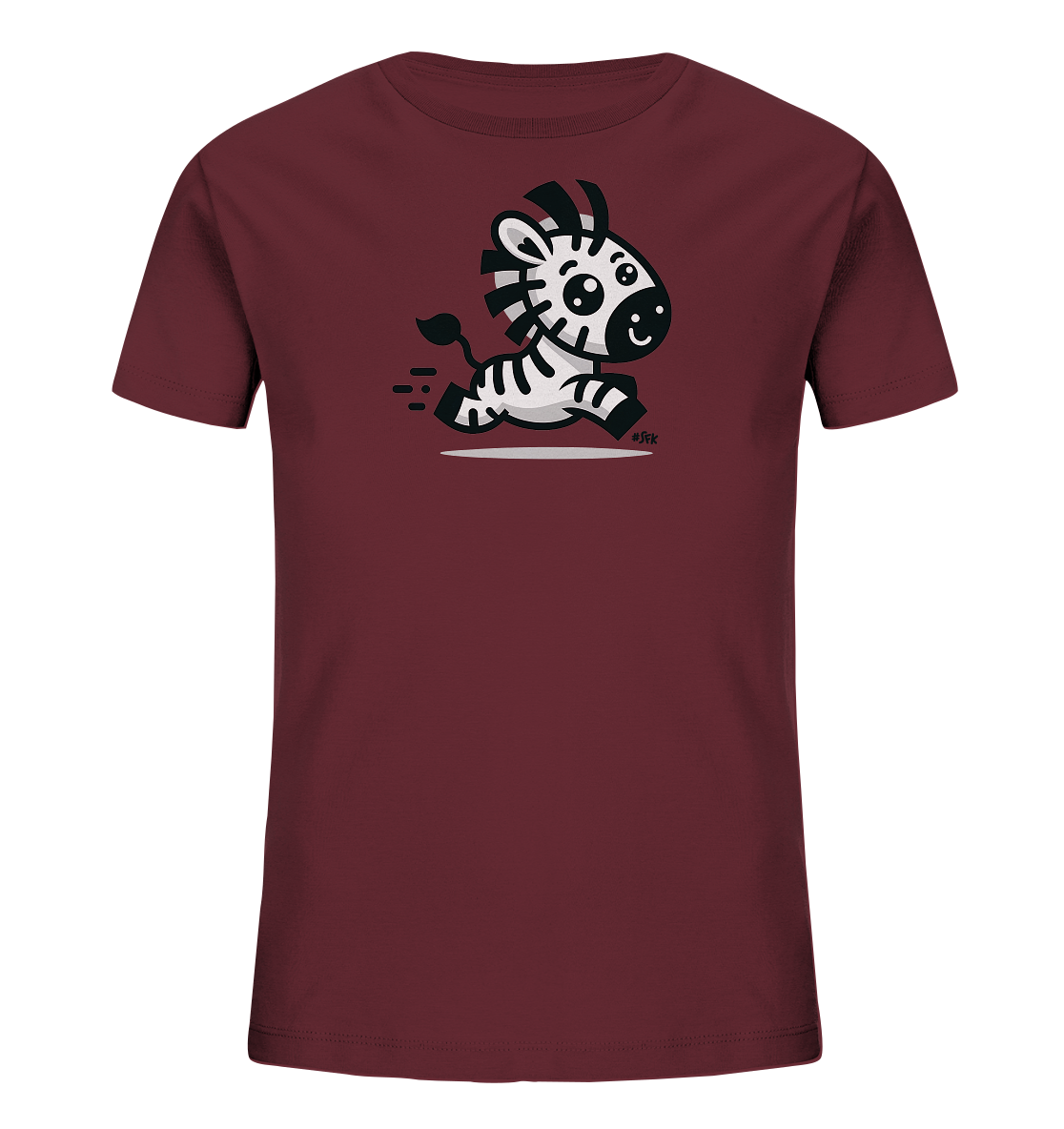 Onlineshop Shirts fuer Kinder - Dieses T-Shirt fuer Kinder in einem dunklen Rotton zeigt eine froehliche, cartoonhafte Illustration eines Zebras. Das Zebra rennt dynamisch mit gestreiften Beinen und einem freundlichen Gesichtsausdruck. Eine leichte Schattierung unter dem Zebra simuliert Bewegung und Boden. Das Design ist verspielt und ansprechend fuer junge Traeger.