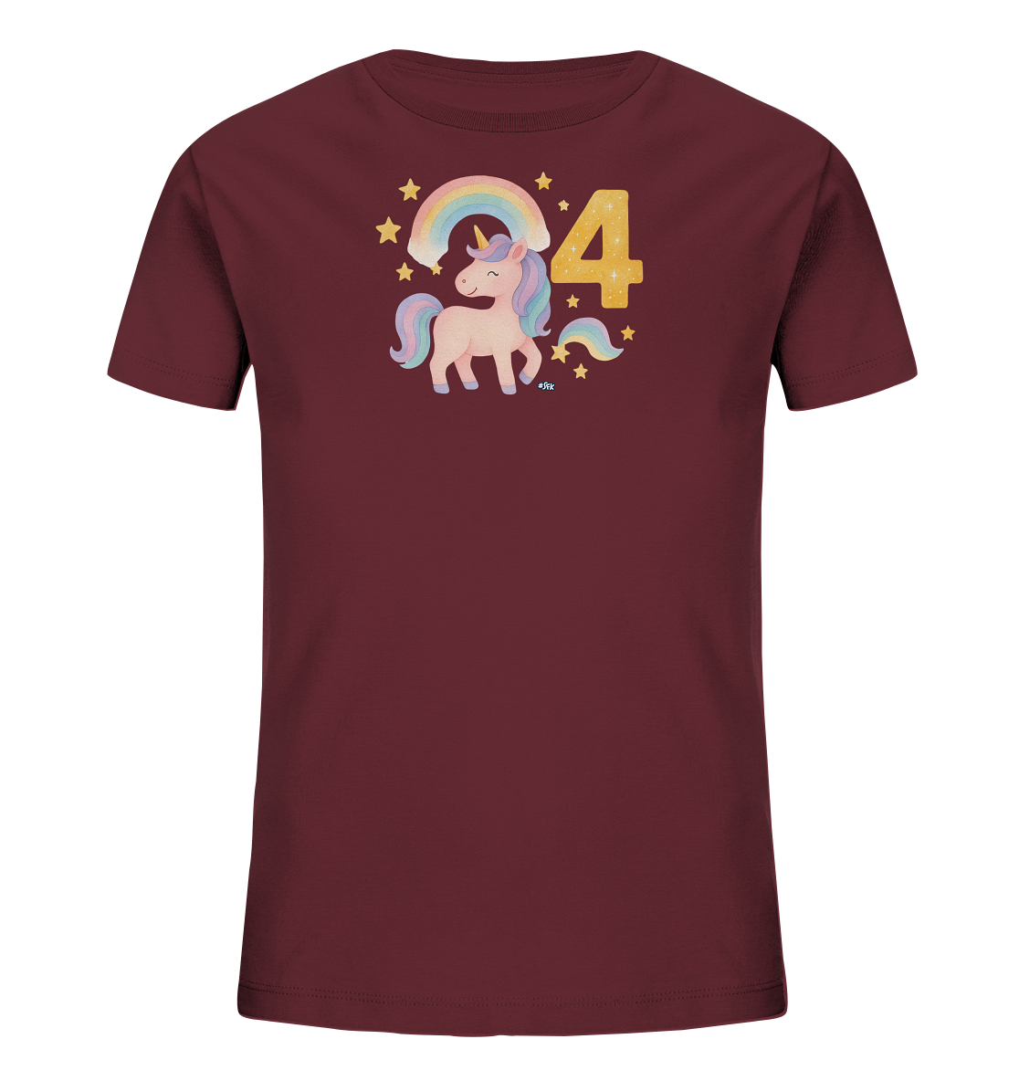 Onlineshop Shirts fuer Kinder - Das Bild zeigt ein dunkelrotes Kinder-T-Shirt mit einem froehlichen Design auf der Vorderseite. Ein niedliches, hellrosa Einhorn mit bunter Maehne steht unter einem Regenbogen. Daneben ist die grosse goldene Zahl '4' abgebildet. Sterne und Glitzerpunkte ergaenzen das magische Motiv, ideal fuer ein Kind.