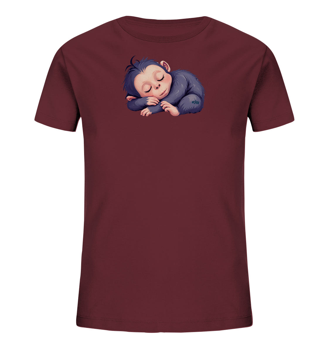 Onlineshop Shirts fuer Kinder - Das Bild zeigt ein bordeauxrotes Kinder-T-Shirt. Auf der Vorderseite ist ein niedliches, schlafendes Baby-Äffchen in einem Cartoon-Stil abgebildet. Das Äffchen ist eingerollt, mit geschlossenen Augen und wirkt sehr friedlich. Dieses Design verleiht dem Shirt einen gemuetlichen und beruhigenden Charakter.