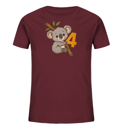 Onlineshop Shirts fuer Kinder - Das Bild zeigt ein dunkelrotes T-Shirt fuer Kinder. Auf der Vorderseite ist ein niedlicher Koala abgebildet, der an einem Ast mit Blaettern haengt. Neben dem Koala befindet sich die Zahl 4 in einem leuchtenden Gelb-Orange-Ton. Das Motiv ist im Cartoon-Stil gehalten und wirkt freundlich.