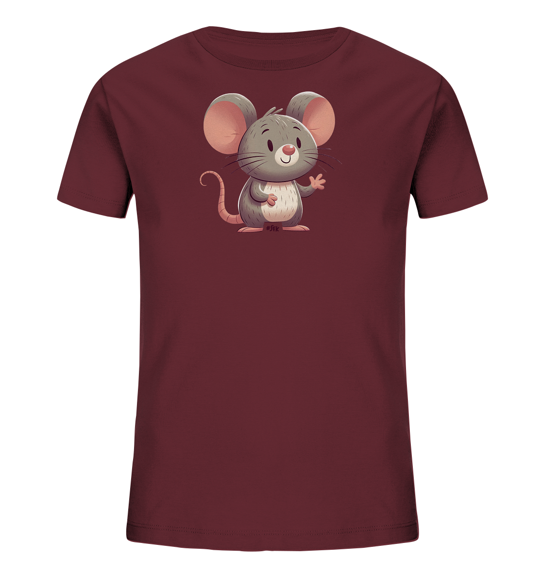 Onlineshop Shirts für Kinder - Das Bild zeigt ein einfarbiges T-Shirt in einem dunkelroten oder bordeauxfarbenen Ton. Auf der Vorderseite des Shirts ist eine niedliche Cartoon-Maus platziert. Die Maus ist grau mit großen Ohren und hat einen freundlichen Ausdruck, wobei sie mit einer Pfote winkt. Unter dem Motiv befindet sich eine kleine Signatur oder ein Hashtag mit den Buchstaben #JFK. Das Design ist verspielt und kindgerecht gestaltet.