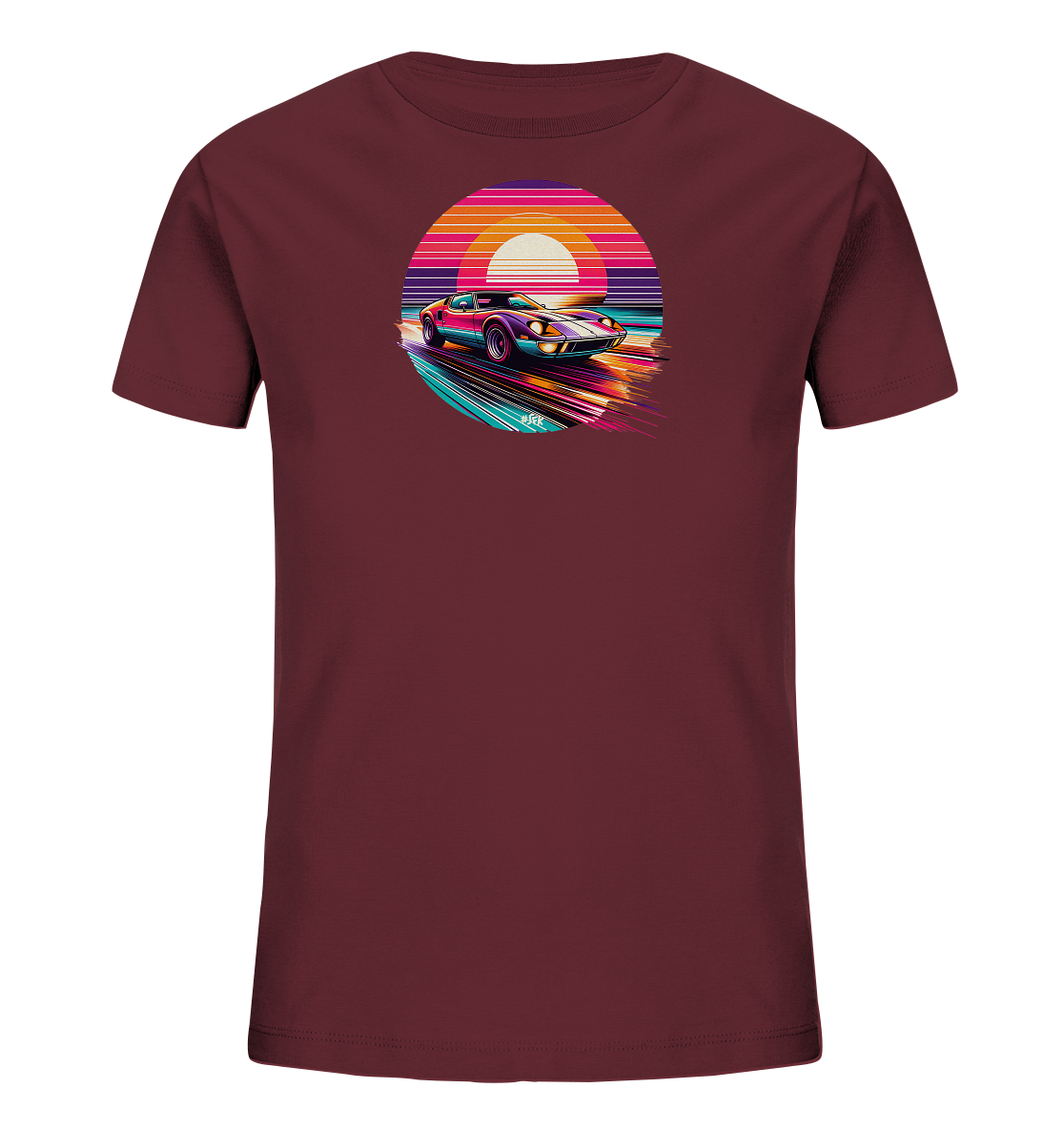 Onlineshop Shirts fuer Kinder - Das Bild zeigt ein dunkelrotes T-Shirt mit einem auffaelligen runden Aufdruck. Dieser zeigt einen Retro-Sonnenuntergang mit horizontalen Streifen in leuchtenden Farben wie Orange, Pink und Tuerkis. Im Vordergrund ist ein lila Sportwagen zu sehen, der sich schnell bewegt, umgeben von dynamischen Linien. Das Design hat einen stilvollen Retro-Look.