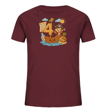 Onlineshop Shirts fuer Kinder - Das Bild zeigt ein dunkelrotes Kinder-T-Shirt mit einem detailreichen Piraten-Design. Im Zentrum des Motivs dient die Zahl '4' als Mast eines Segelboots, auf dem ein kleiner Pirat steht. Begleitende Elemente wie eine Schatzkarte, ein Papagei und eine Schatzkiste vervollstaendigen die Szene auf dem Wasser und einer kleinen Insel. Dieses bunte Motiv ist fantasievoll und spricht kleine Abenteurer an.