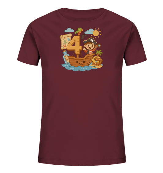 Onlineshop Shirts fuer Kinder - Das Bild zeigt ein dunkelrotes Kinder-T-Shirt mit einem detailreichen Piraten-Design. Im Zentrum des Motivs dient die Zahl '4' als Mast eines Segelboots, auf dem ein kleiner Pirat steht. Begleitende Elemente wie eine Schatzkarte, ein Papagei und eine Schatzkiste vervollstaendigen die Szene auf dem Wasser und einer kleinen Insel. Dieses bunte Motiv ist fantasievoll und spricht kleine Abenteurer an.