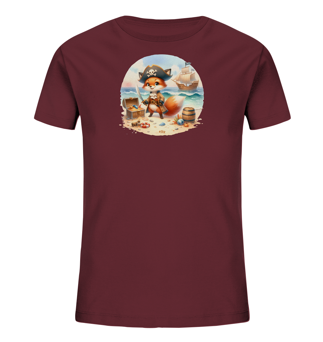 Onlineshop Shirts fuer Kinder - Das Bild zeigt ein dunkelrotes T-Shirt mit einem ovalen Druck auf der Vorderseite. Der Druck zeigt eine Illustration eines anthropomorphen Fuchses, der als Pirat verkleidet an einem Strand steht. Im Hintergrund sind eine Schatztruhe, ein Fass und ein Segelschiff auf dem Meer zu sehen. Das Design ist detailliert und farbenfroh.