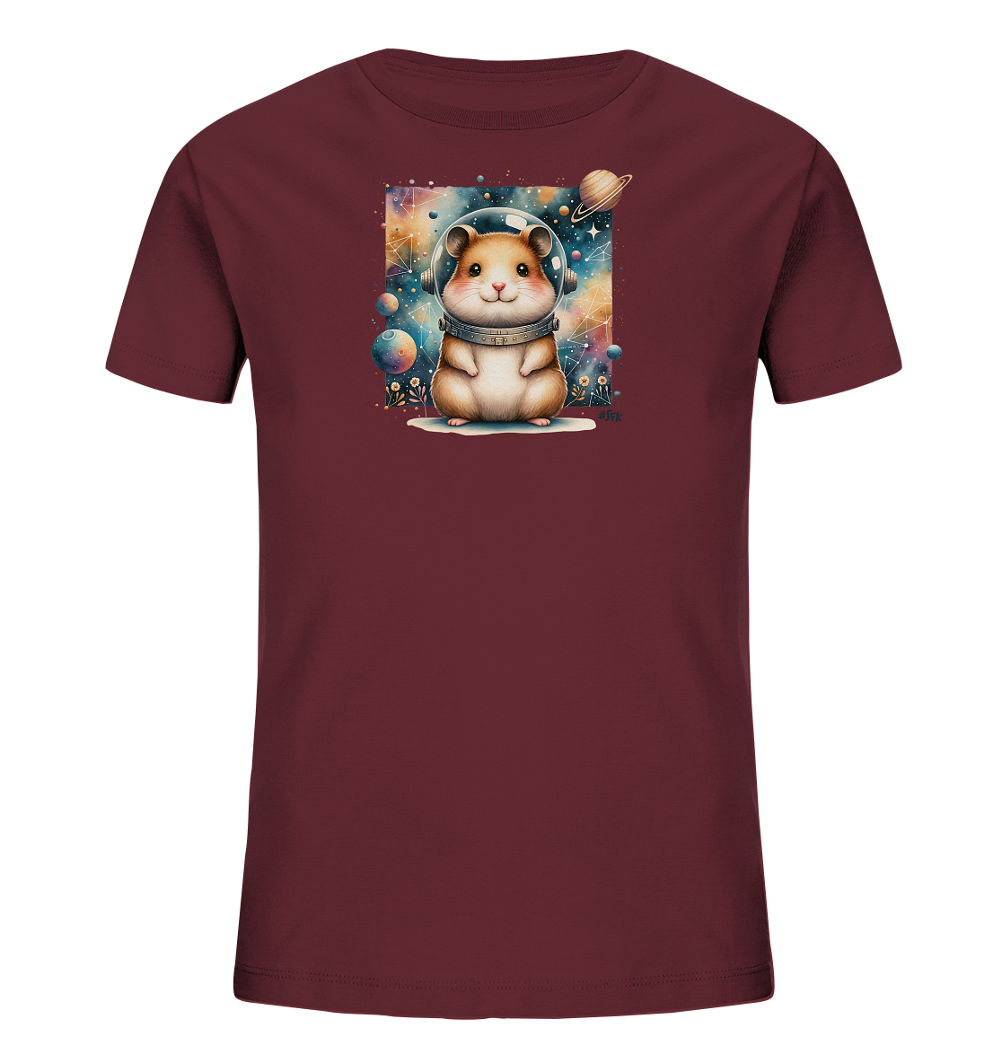 Onlineshop Shirts fuer Kinder - Das Bild zeigt ein Kinder-T-Shirt in einem dunklen Burgunderrot. Auf der Vorderseite befindet sich ein quadratischer Druck mit einem niedlichen Hamster, der einen Astronautenhelm traegt. Der Hamster sitzt vor einem farbenfrohen Weltall-Hintergrund mit Sternen, Planeten und Galaxien.