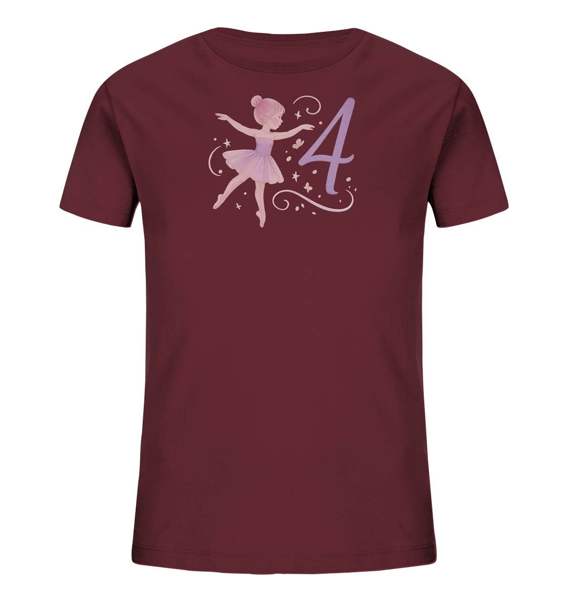 Onlineshop Shirts fuer Kinder - Das Bild zeigt ein dunkelrotes T-Shirt fuer Kinder mit einer Illustration einer Ballerina in Ballettpose. Daneben ist die grosse Zahl '4' in Lila dargestellt. Die Grafik ist in sanften Rosa- und Lilatoenen gehalten und von Sternen und Schmetterlingen umgeben. Die Darstellung wirkt verspielt und feenhaft.