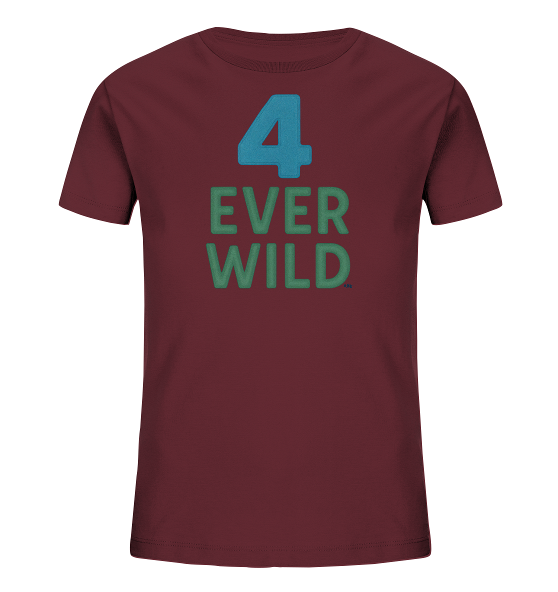 Onlineshop Shirts fuer Kinder - Das Bild zeigt ein dunkelrotes Kinder-T-Shirt mit einem Aufdruck auf der Vorderseite. Oben ist eine grosse blaue Zahl '4' zu sehen. Darunter steht der Text "EVER WILD" in gruenen Grossbuchstaben. Das Design wirkt einfach und plakativ.