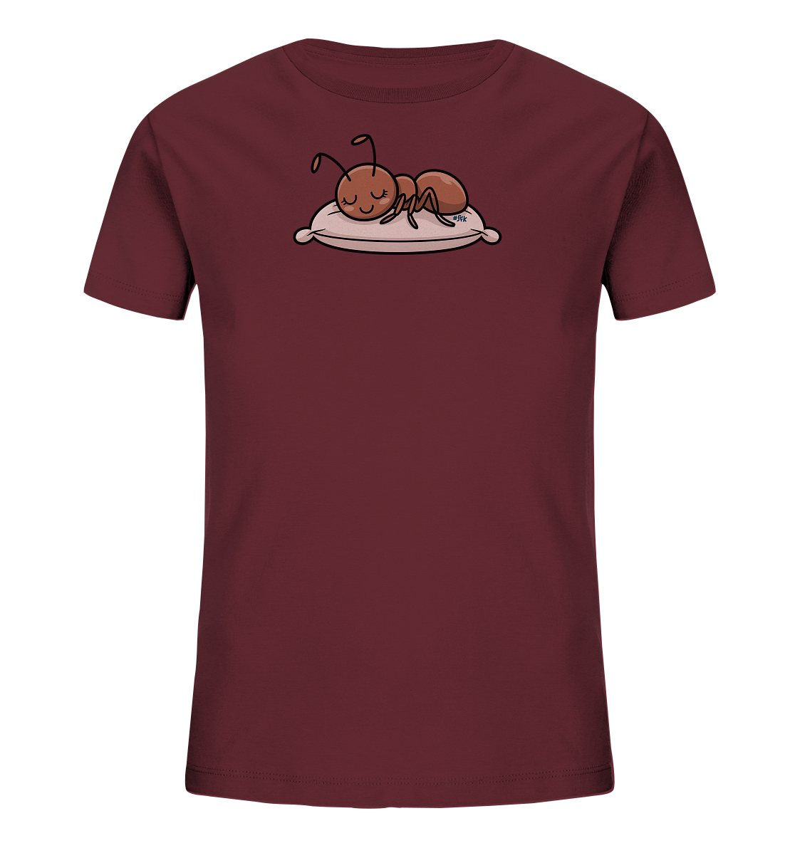 Onlineshop Shirts fuer Kinder - Das Bild zeigt ein dunkelrotes Kinder-T-Shirt mit einem niedlichen Motiv auf der Vorderseite. Darauf ist eine braune, cartoonhafte Ameise abgebildet, die friedlich auf einem hellen Kissen liegt. Die Ameise hat geschlossene Augen und ein sanftes Laecheln. Das Design wirkt ruhig und charmant, ideal fuer Kinder.