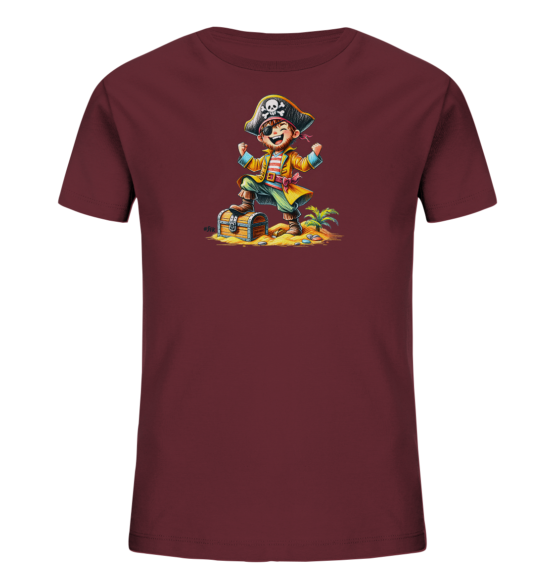 Onlineshop Shirts fuer Kinder - Das Bild zeigt ein dunkelrotes Kinder-T-Shirt mit einem farbenfrohen Druck auf der Vorderseite. Der Druck stellt einen lustigen Piraten dar, der jubelnd auf einer Schatzkiste steht. Die Szene spielt auf einer kleinen Insel mit Sand und einer Palme und ist detailreich und im Cartoon-Stil gestaltet. Das Motiv verleiht dem Shirt einen abenteuerlichen Look, perfekt fuer kleine Entdecker.