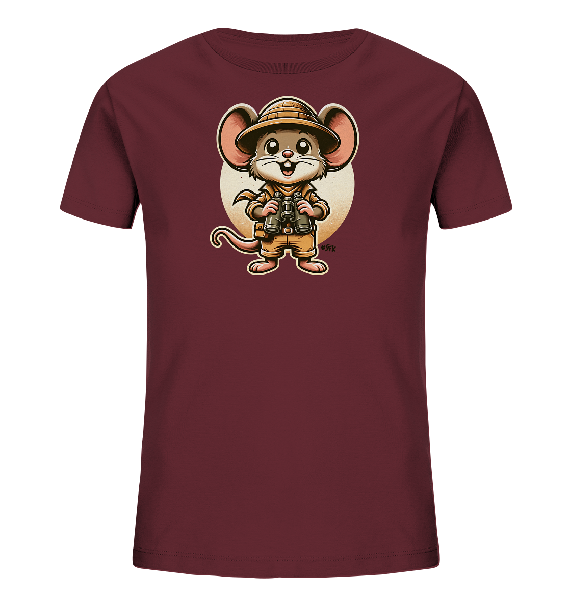 Onlineshop Shirts fuer Kinder - Dieses dunkelrote Kinder-T-Shirt zeigt eine lustige Cartoon-Maus als Abenteurer. Die Maus traegt einen Hut und haelt ein Fernglas, vor einem hellen Kreis im Hintergrund. Das Design wirkt froehlich und laedt zum Entdecken ein. Es ist eine verspielte Grafik fuer kleine Entdecker.