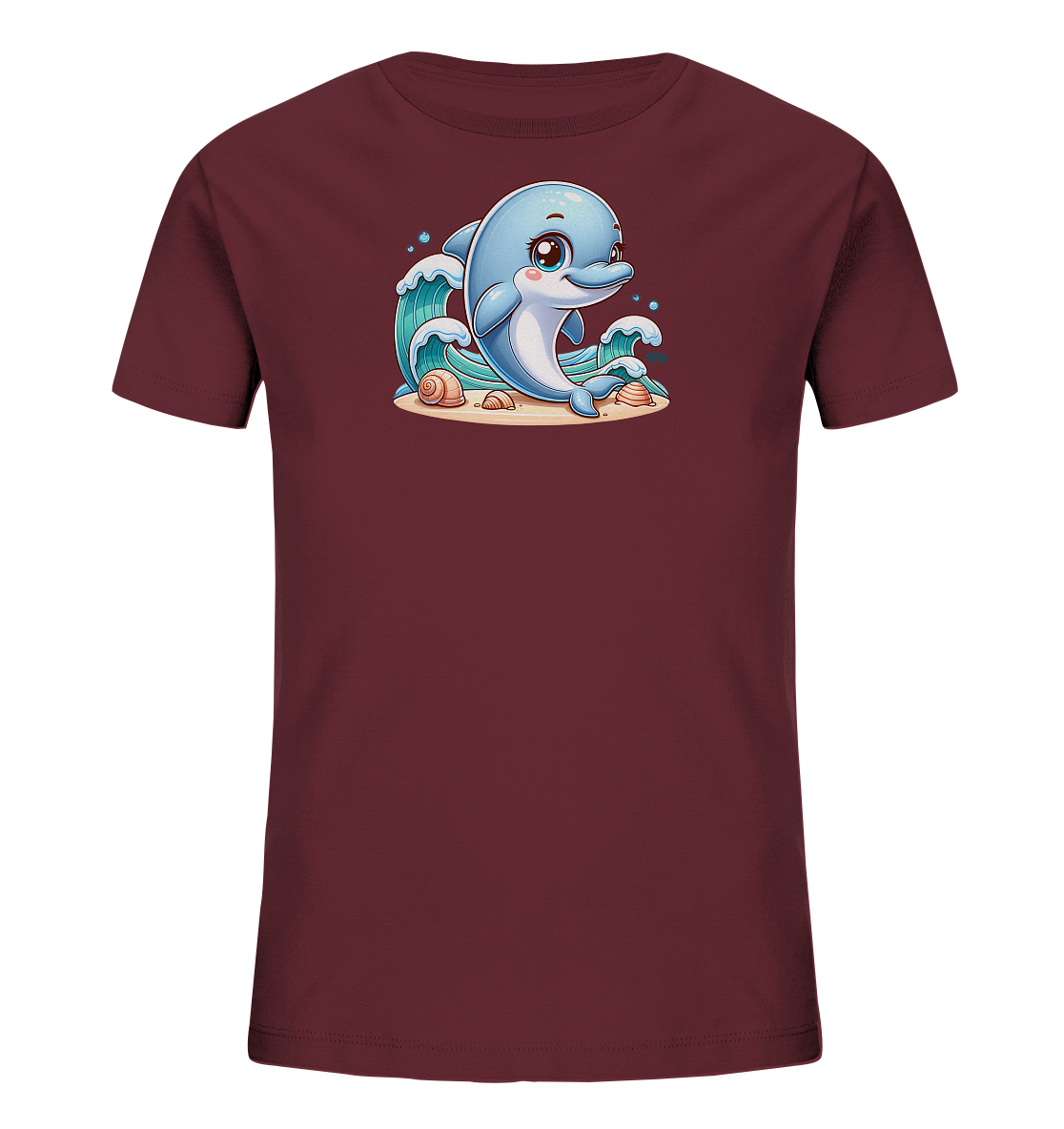 Onlineshop Shirts fuer Kinder - Das Bild zeigt ein dunkelrotes T-Shirt fuer Kinder mit einem farbenfrohen Druck. Auf der Vorderseite ist ein laechelnder, blauer Delfin dargestellt, der inmitten von Wellen schwimmt. Unter dem Delfin ist eine Sandflaeche mit Muscheln zu sehen, was dem Design einen maritimen Touch verleiht. Dieses Motiv wirkt freundlich und verspielt, ideal fuer Kindermode.