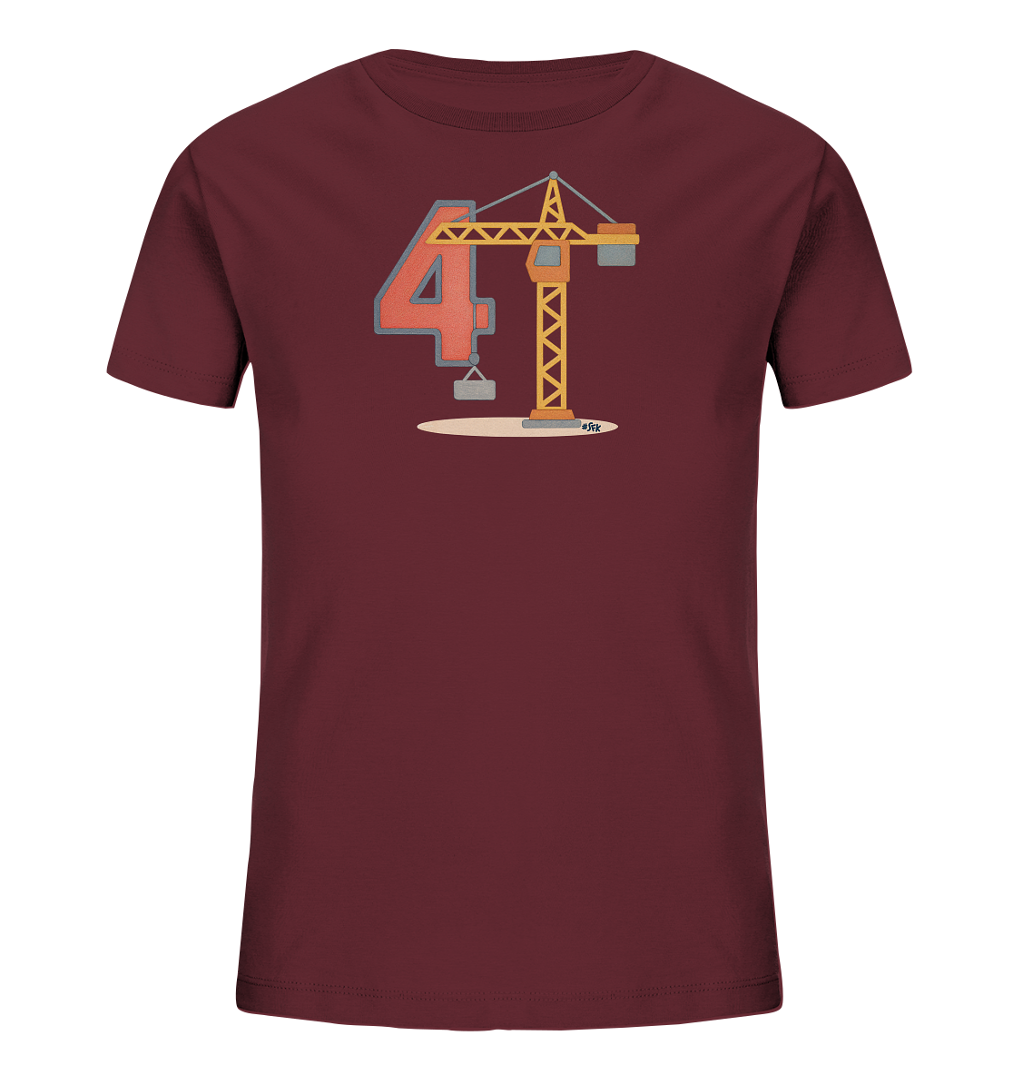Onlineshop Shirts fuer Kinder - Das Bild zeigt ein dunkelrotes T-Shirt fuer Kinder mit einem Baustellenmotiv. Auf der Vorderseite ist die Zahl '4' in Orange abgebildet. Daneben steht ein gelber Baukran, der einen grauen Block hochhebt. Das Design steht auf einer hellen Flaeche und ist ideal fuer kleine Bau-Fans.
