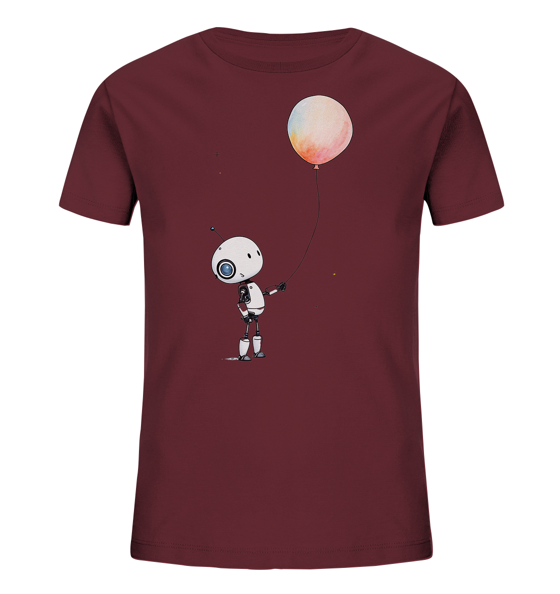 Onlineshop Shirts für Kinder - Das Bild zeigt ein weinrotes T-Shirt für Kinder, das mittig platziert ist. Auf der Vorderseite ist eine Illustration eines kleinen, weißen Roboters mit einem blauen Auge zu sehen. Der Roboter hält an einer Schnur einen hellen Ballon, der in Pastellfarben wie Rosa, Orange und Gelb schattiert ist. Im Hintergrund sind einige kleine, sternähnliche Elemente angedeutet, die dem Design eine verträumte Atmosphäre verleihen.