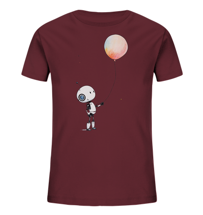 Onlineshop Shirts für Kinder - Das Bild zeigt ein weinrotes T-Shirt für Kinder, das mittig platziert ist. Auf der Vorderseite ist eine Illustration eines kleinen, weißen Roboters mit einem blauen Auge zu sehen. Der Roboter hält an einer Schnur einen hellen Ballon, der in Pastellfarben wie Rosa, Orange und Gelb schattiert ist. Im Hintergrund sind einige kleine, sternähnliche Elemente angedeutet, die dem Design eine verträumte Atmosphäre verleihen.