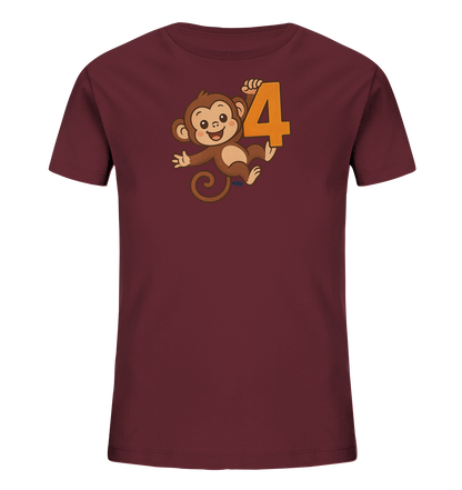 Onlineshop Shirts fuer Kinder - Das Bild zeigt ein dunkelrotes Kinder-T-Shirt mit einem lustigen Motiv auf der Vorderseite. Ein brauner Cartoon-Affe haelt sich an einer grossen, orangefarbenen Zahl '4' fest und lacht. Der Affe hat einen langen, geringelten Schwanz und wirkt sehr lebhaft. Das Design ist ein einfacher Frontprint auf dem Shirt.