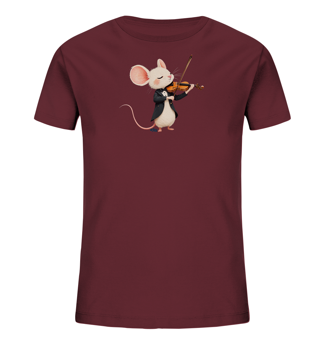 Onlineshop Shirts fuer Kinder - Das Bild zeigt ein burgunderfarbenes Kinder-T-Shirt. Auf der Vorderseite ist eine entzueckende weisse Maus abgebildet, die in einem schwarzen Anzug gekleidet ist und Violine spielt. Die Maus hat die Augen geschlossen und grosse Ohren, was ihr einen vertraeumten Ausdruck verleiht. Das Design ist verspielt und musikalisch.