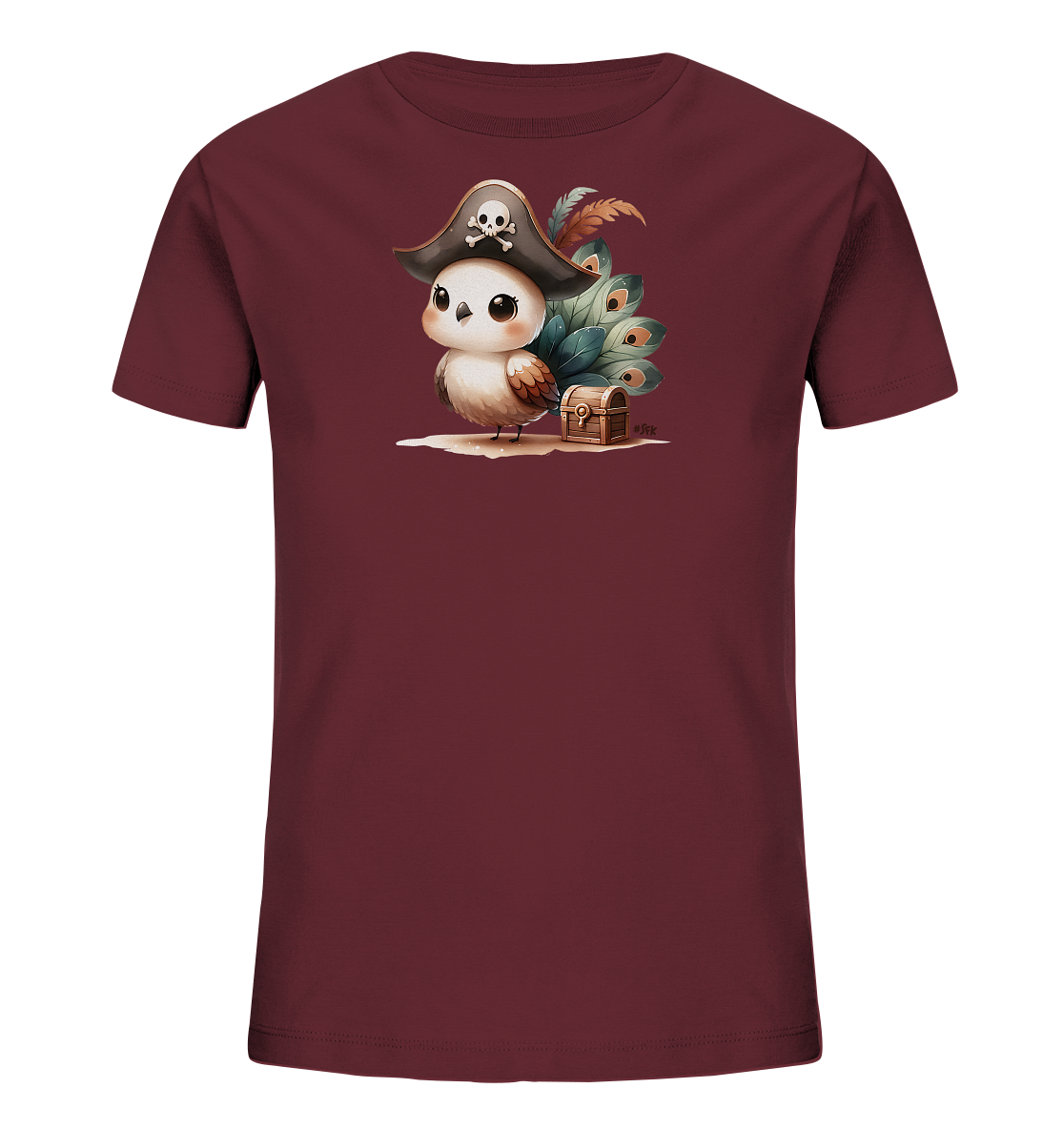 Onlineshop Shirts fuer Kinder - Das Bild zeigt ein dunkelrotes T-Shirt fuer Kinder. Auf der Vorderseite ist eine Grafik eines suessen Vogels mit einem Piratenhut zu sehen. Der Vogel steht neben einer kleinen Schatztruhe, mit bunten Federn im Hintergrund. Dieses Design verleiht dem Shirt ein verspieltes und abenteuerliches Aussehen.