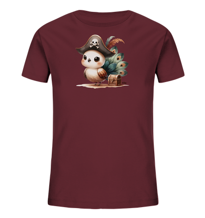 Onlineshop Shirts fuer Kinder - Das Bild zeigt ein dunkelrotes T-Shirt fuer Kinder. Auf der Vorderseite ist eine Grafik eines suessen Vogels mit einem Piratenhut zu sehen. Der Vogel steht neben einer kleinen Schatztruhe, mit bunten Federn im Hintergrund. Dieses Design verleiht dem Shirt ein verspieltes und abenteuerliches Aussehen.