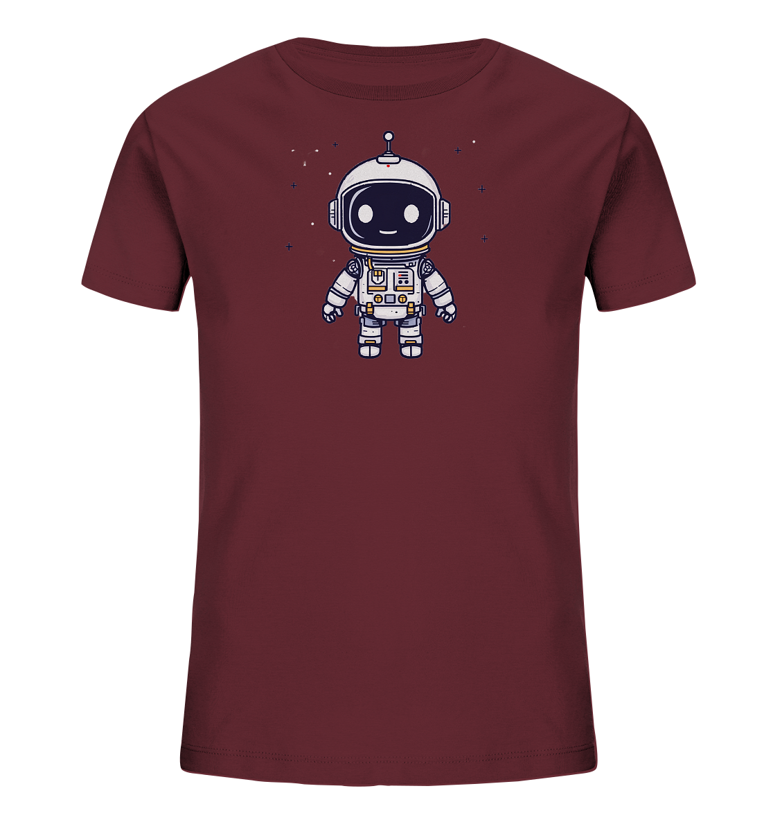 Onlineshop Shirts für Kinder - Das Bild zeigt ein dunkelrotes oder weinrotes T-Shirt für Kinder. Auf der Vorderseite ist eine niedliche, cartoonhafte Illustration eines Roboters in einem Astronautenanzug zu sehen. Der Roboter hat einen weißen Helm, graue und weiße Körperteile mit gelben Akzenten und ein freundliches Gesicht mit großen Augen. Im Hintergrund sind einige kleine, weiße Kreuz-förmige Sterne auf einem dunklen Bereich verteilt, was einen Weltraum-Effekt erzeugt und das Motiv abrundet.