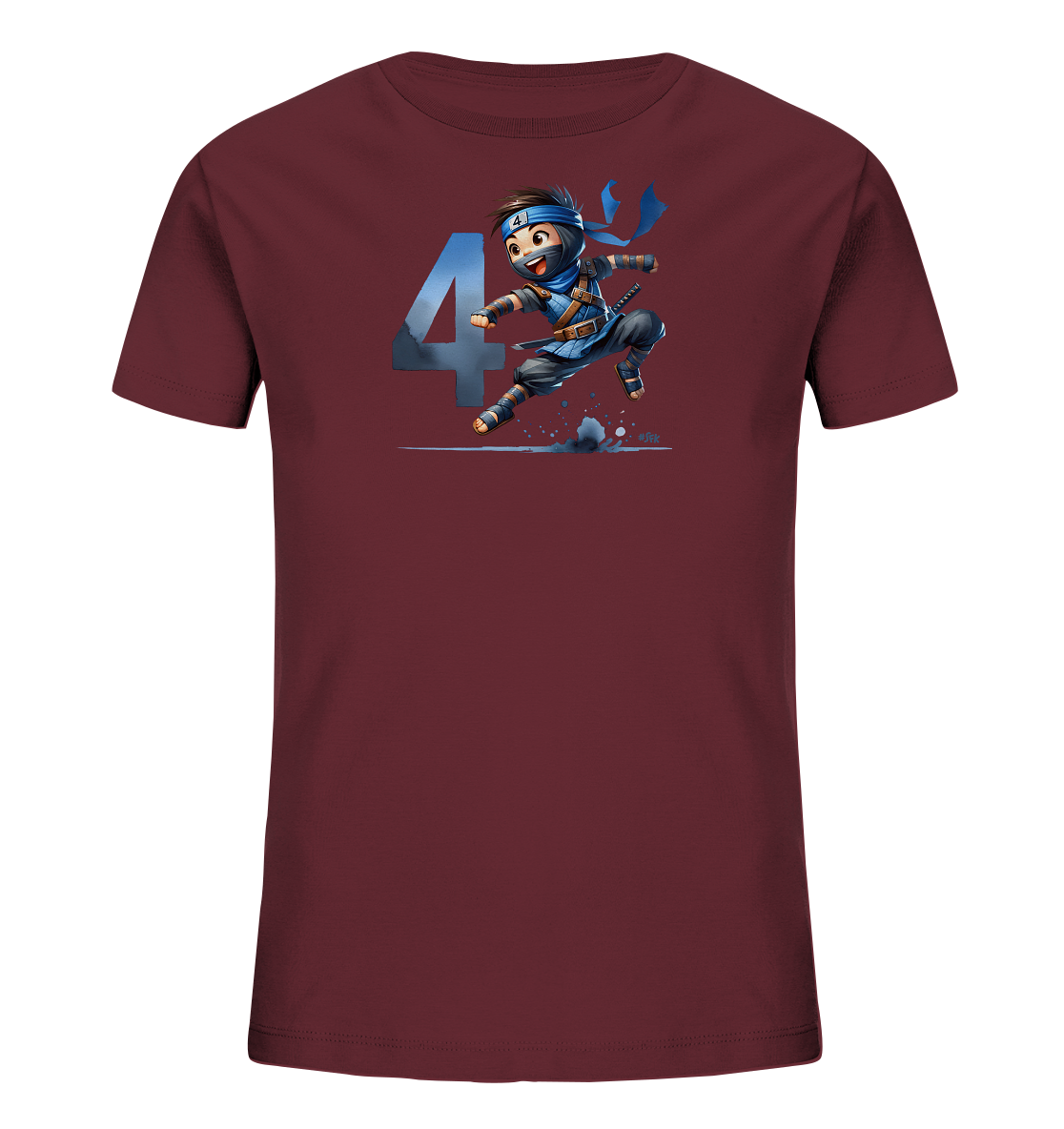 Onlineshop Shirts fuer Kinder - Das Bild zeigt ein dunkelrotes Kinder-T-Shirt mit einem lebendigen Motiv auf der Vorderseite. Ein kleiner Comic-Ninja in blauer Kleidung springt dynamisch in die Luft. Neben dem Ninja ist eine grosse Zahl Vier in einem blauen Farbverlauf platziert. Das Design wirkt actionreich und ansprechend fuer junge Fans.