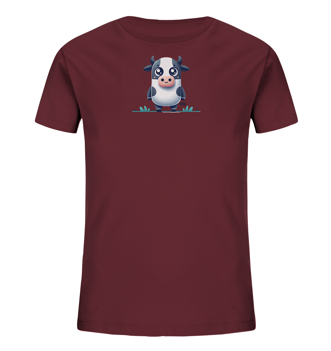 Onlineshop Shirts fuer Kinder - Dieses T-Shirt fuer Kinder in einem dunklen Rotton zeigt eine niedliche Illustration einer Cartoon-Kuh. Die Kuh ist schwarz-weiss gemustert, hat grosse Kulleraugen und einen freundlichen Gesichtsausdruck. Sie steht aufrecht in stilisiertem gruenen Gras. Das Design wirkt verspielt und ansprechend.