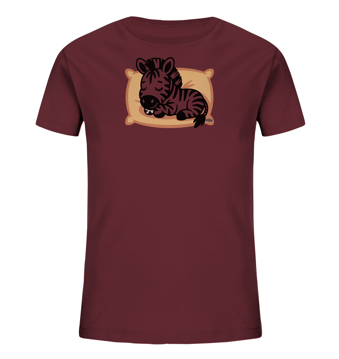 Onlineshop Shirts fuer Kinder - Das Bild zeigt ein dunkelrotes Kinder-T-Shirt mit einem niedlichen Zebrababy-Motiv auf der Vorderseite. Das kleine Zebra liegt schlafend auf einem hellbraunen Kissen, seine Augen sind geschlossen und es macht einen friedlichen Eindruck. Das Design ist verspielt und detailreich, mit deutlich gezeichneten Streifen und einer ruhigen Haltung.