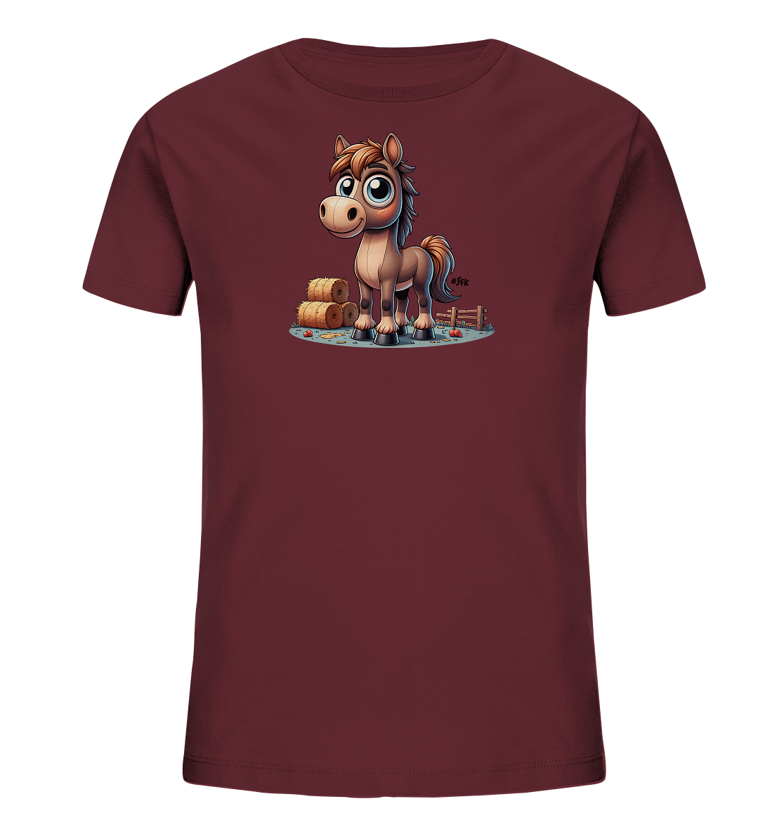 Onlineshop Shirts fuer Kinder - Das Bild zeigt ein weinrotes T-Shirt fuer Kinder. Darauf ist eine niedliche, cartoonhafte Illustration eines braunen Pferdes zu sehen. Das Pferd steht neben Heuballen und einem Zaun, umgeben von einer ovalen Flaeche. Das Design wirkt freundlich und verspielt.