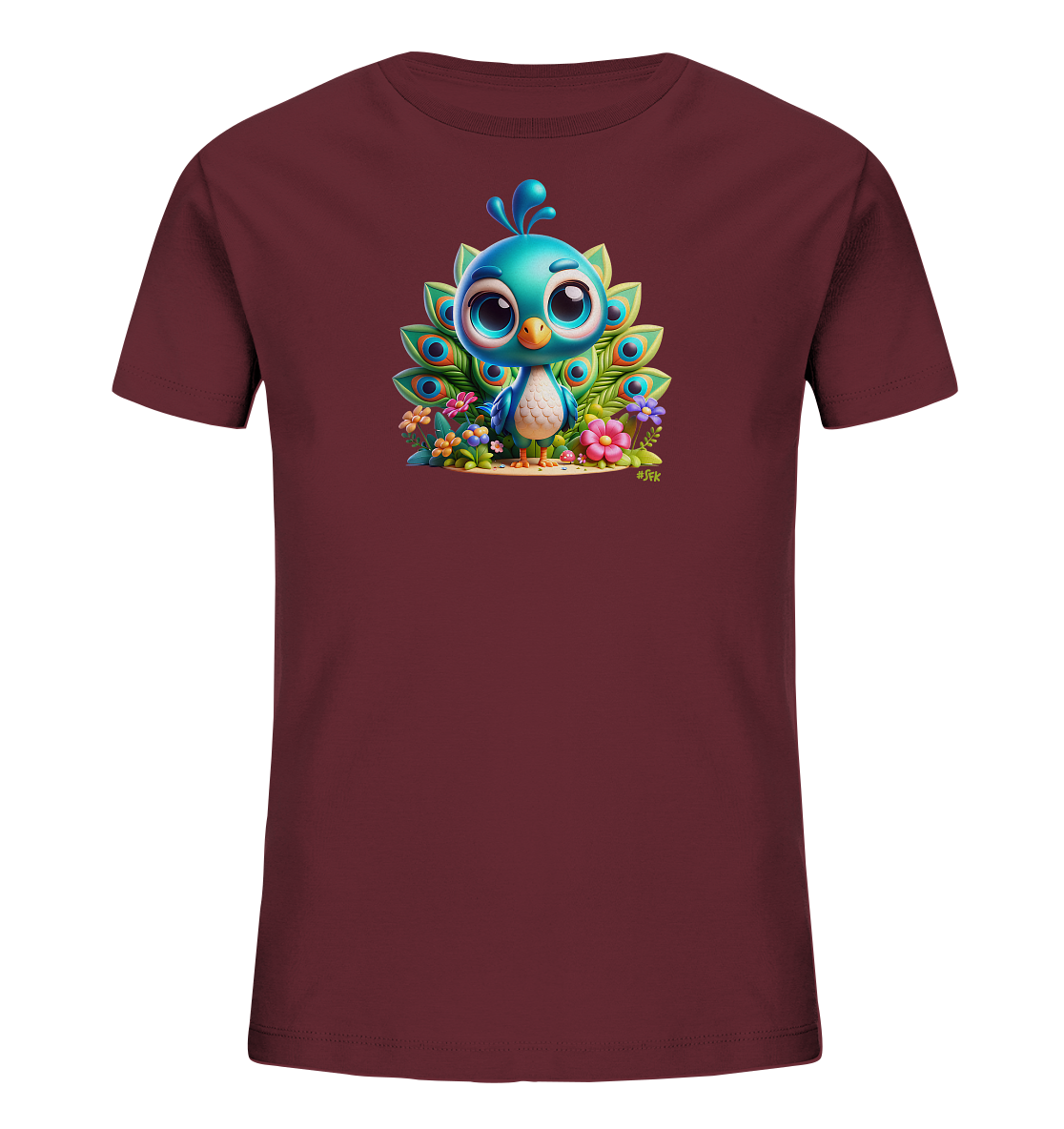 Onlineshop Shirts fuer Kinder - Das Bild zeigt ein dunkelrotes Kinder-T-Shirt mit einer farbenfrohen Illustration. Im Zentrum ist ein niedlicher, cartoonhafter Pfau mit blauen Federn und grossen Augen abgebildet. Der Pfau sitzt inmitten von bunten Blumen und gruenen Pflanzen, die eine heitere Szene bilden. Das Design ist detailliert und verspielt, perfekt fuer Kinder.