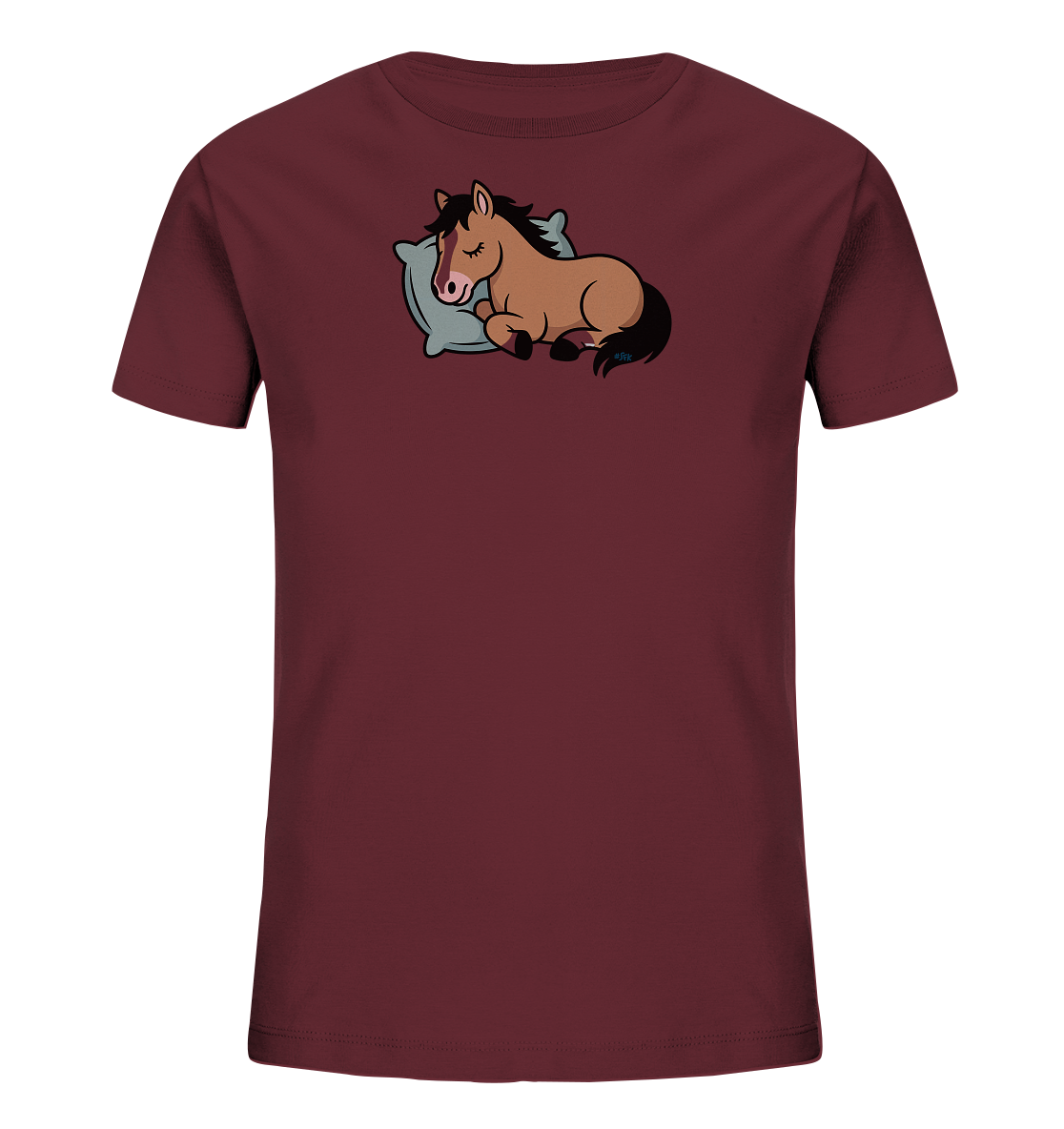 Onlineshop Shirts fuer Kinder - Das Bild zeigt ein dunkelrotes T-Shirt fuer Kinder. Auf der Vorderseite ist eine niedliche Illustration eines schlafenden braunen Pferdes abgebildet. Das Pferd liegt friedlich auf einem hellblauen Kissen. Das Design wirkt beruhigend und ist ansprechend fuer Kinder.
