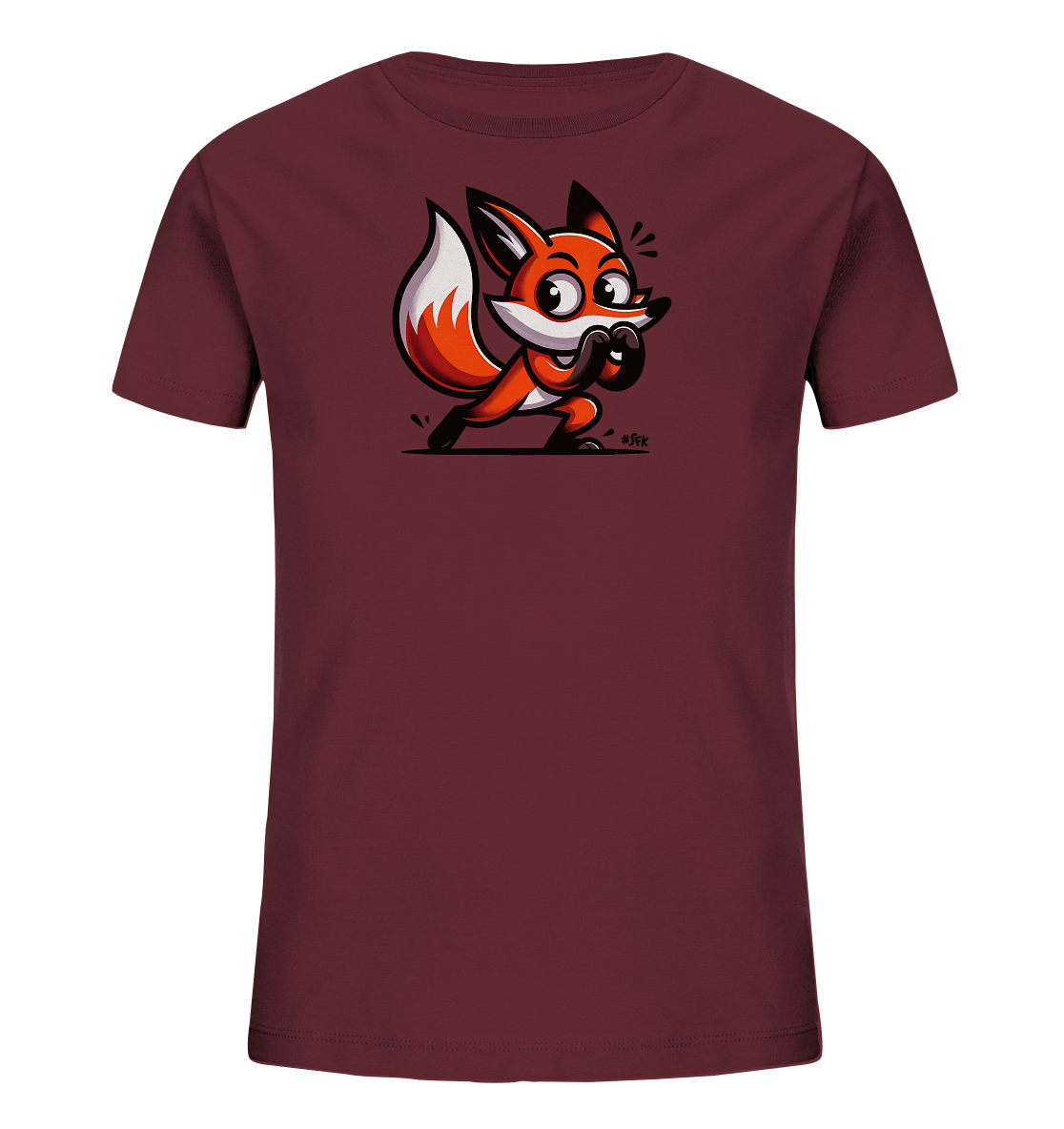 Onlineshop Shirts fuer Kinder - Das Bild zeigt ein bordeauxrotes Kinder-T-Shirt. Auf der Vorderseite befindet sich eine niedliche, cartoonhafte Illustration eines Fuchses. Der Fuchs ist orange und weiss gezeichnet und hat einen verspielten, ueberraschten Gesichtsausdruck. Er ist in einer dynamischen, kauernden Pose dargestellt, was dem Design einen lebendigen Charakter verleiht.