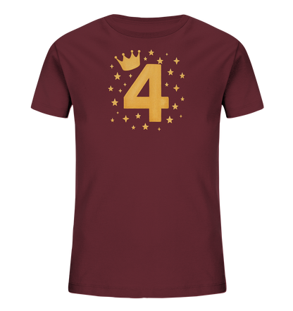 Onlineshop Shirts fuer Kinder - Das Bild zeigt ein dunkelrotes T-Shirt fuer Kinder. Auf der Vorderseite befindet sich ein goldener Aufdruck mit einer grossen Zahl "4". Über der Zahl ist eine kleine Krone platziert, umgeben von goldenen Sternen. Dieses Design wirkt festlich und verspielt.