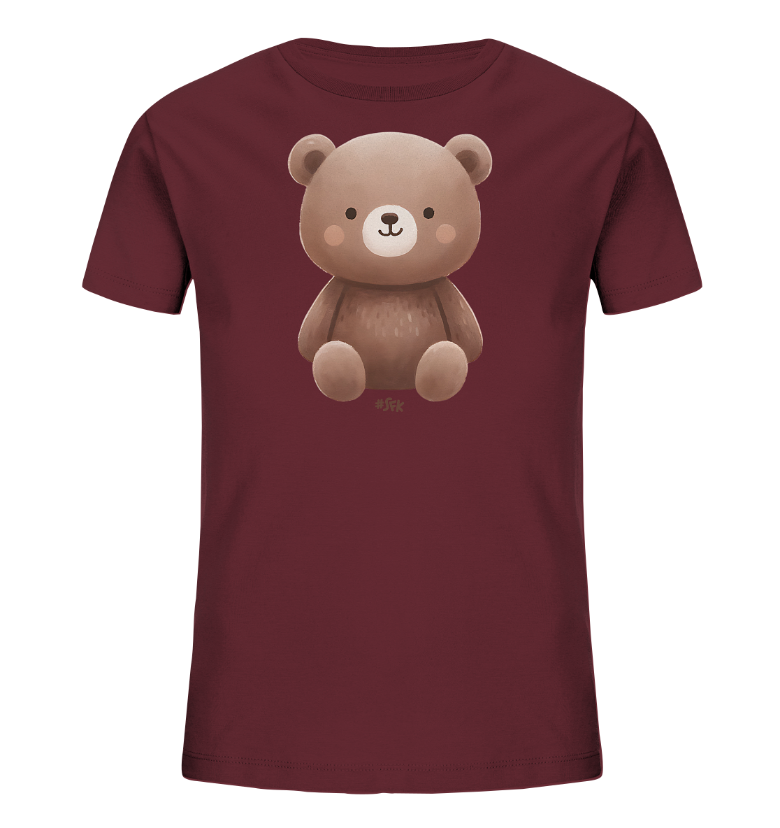 Onlineshop Shirts fuer Kinder - Das Bild zeigt ein Kinder-T-Shirt in einem warmen Dunkelrot. Auf der Vorderseite ist eine niedliche Illustration eines braunen Teddybaeren zu sehen. Der Baer sitzt aufrecht, laechelt und hat rosafarbene Wangen. Das Design verleiht dem Shirt einen verspielten und freundlichen Look, perfekt fuer kleine Baerenfreunde.