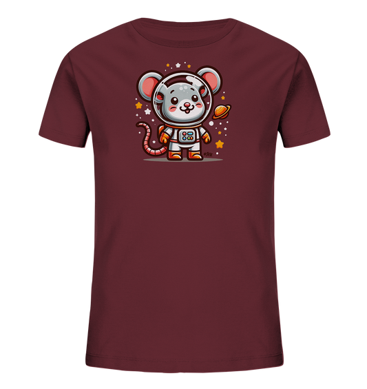 Onlineshop Shirts fuer Kinder - Das Bild zeigt ein dunkelrotes T-Shirt mit einem niedlichen Astronauten-Maus-Motiv. Die Maus traegt einen Raumanzug und haelt einen kleinen Planeten in der Hand. Sterne und Punkte umgeben das verspielte Weltraum-Design.