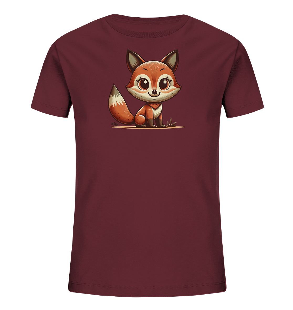 Onlineshop Shirts fuer Kinder - Das Bild zeigt ein dunkelrotes T-Shirt fuer Kinder. Auf der Vorderseite ist eine niedliche, cartoonartige Fuchs-Grafik abgebildet. Der Fuchs sitzt aufrecht, hat grosse Augen und einen buschigen Schwanz. Das verspielte Design ist ideal fuer Kinder.