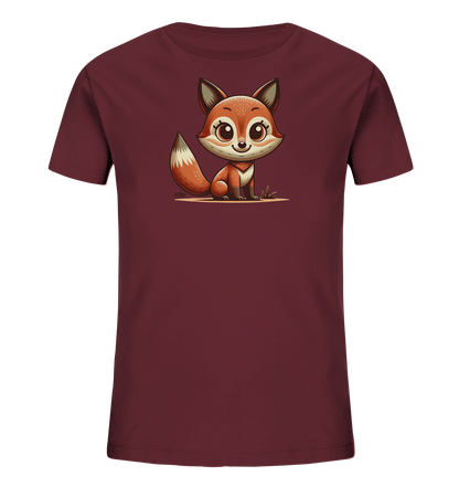 Onlineshop Shirts fuer Kinder - Das Bild zeigt ein dunkelrotes T-Shirt fuer Kinder. Auf der Vorderseite ist eine niedliche, cartoonartige Fuchs-Grafik abgebildet. Der Fuchs sitzt aufrecht, hat grosse Augen und einen buschigen Schwanz. Das verspielte Design ist ideal fuer Kinder.